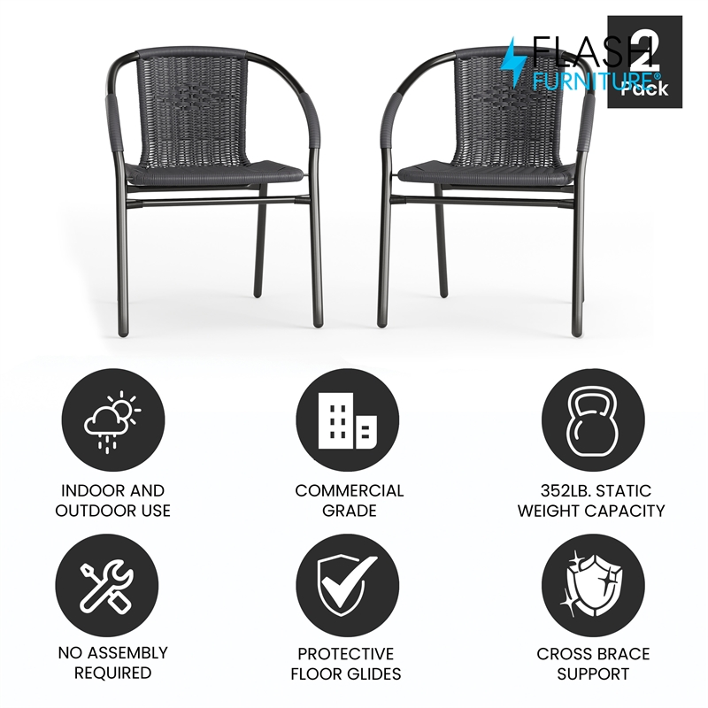 Flash Furniture Stackable Rattan Curved Back Dining Arm Chair in Gray (Set of 2)