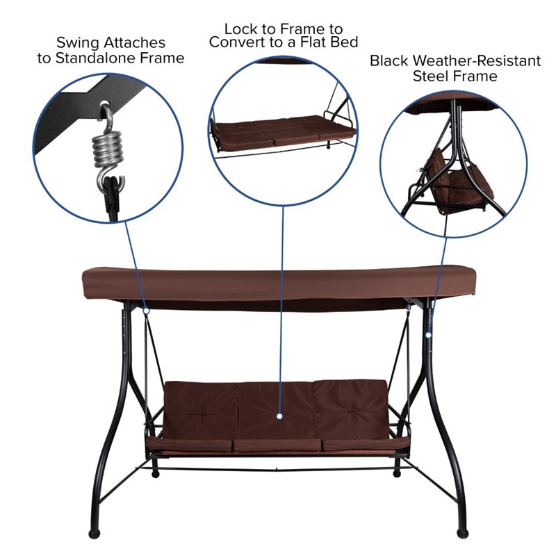 Flash Furniture 3 Seat Patio Convertible Patio Swing and Hammock in Brown