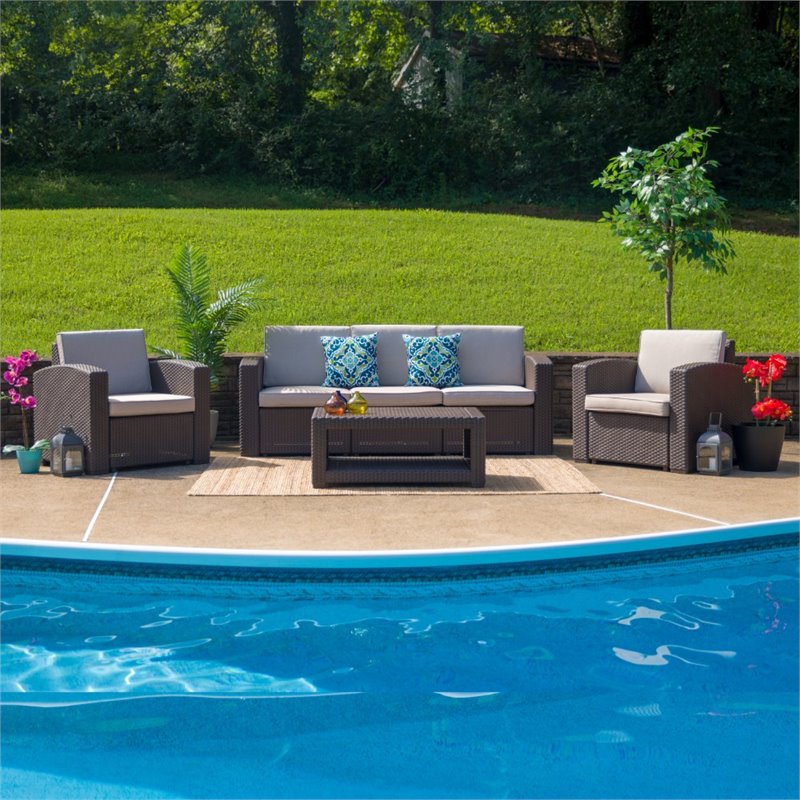 Flash Furniture 4 Piece Faux Rattan Patio Sofa Set in Chocolate Brown