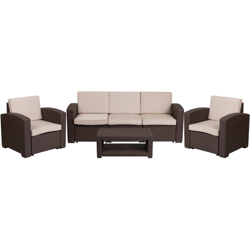 Flash Furniture 4 Piece Faux Rattan Patio Sofa Set in Chocolate Brown