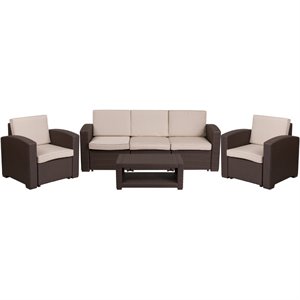 Flash Furniture 4 Piece Faux Rattan Patio Sofa Set in Chocolate Brown