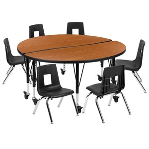 Flash Furniture 8 Piece 48&quot Circle Wave Wood Mobile Activity Table Set in Oak