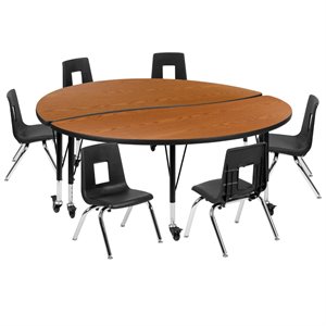 Flash Furniture 8 Piece 60&quot Circle Wave Wood Mobile Activity Table Set in Oak