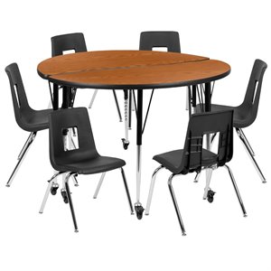 Flash Furniture 8 Piece 48&quot Circle Wave Wood Mobile Activity Table Set in Oak