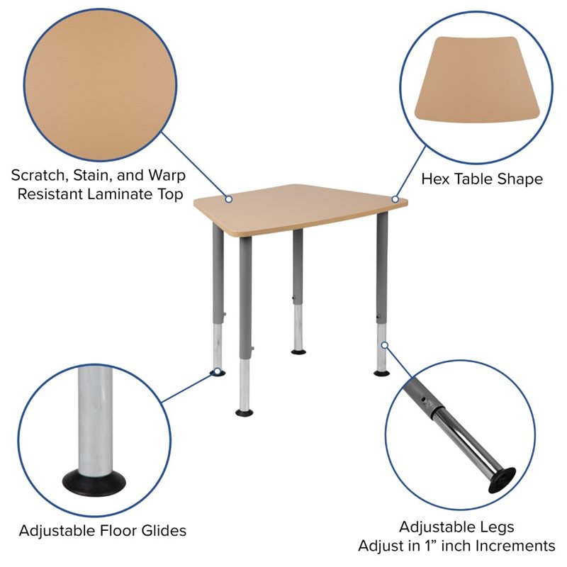 Flash Furniture Hexagonal Collaborative Adjustable Student Desk in Natural
