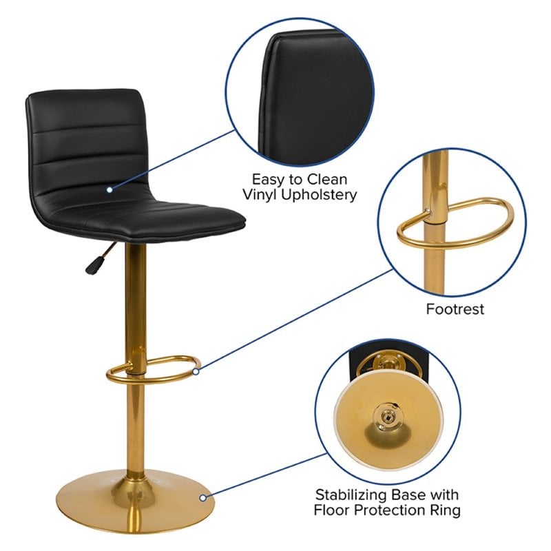 Flash Furniture Adjustable Faux Leather Bar Stool in Black and Gold (Set of 2)