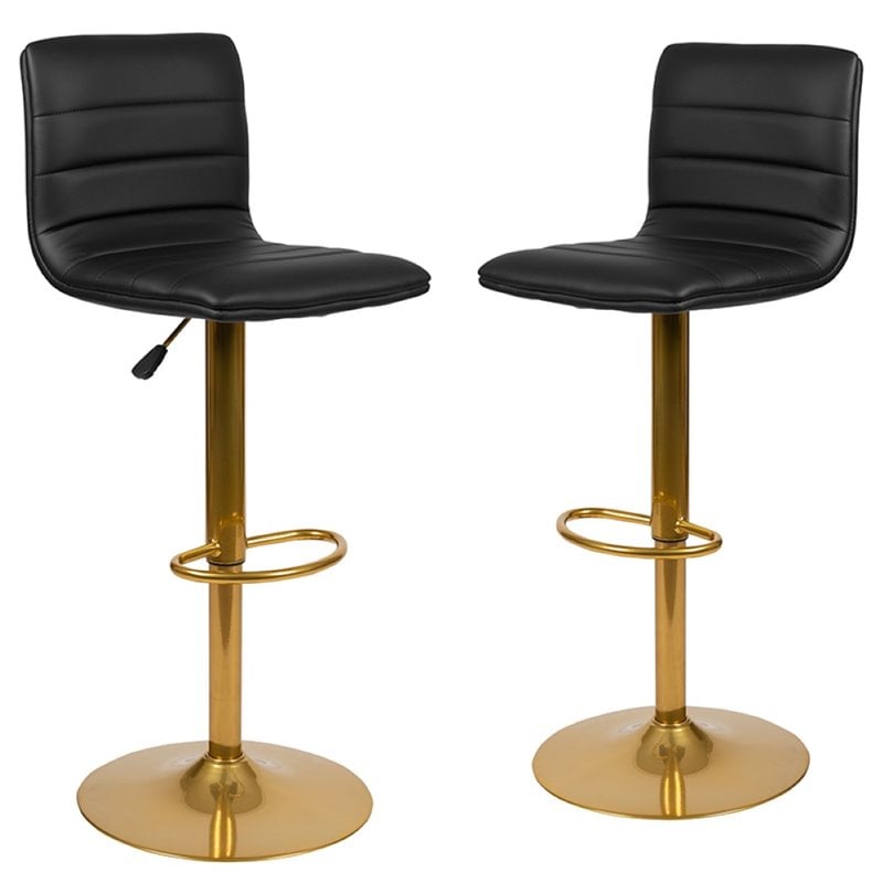 Flash Furniture Adjustable Faux Leather Bar Stool in Black and Gold (Set of 2)