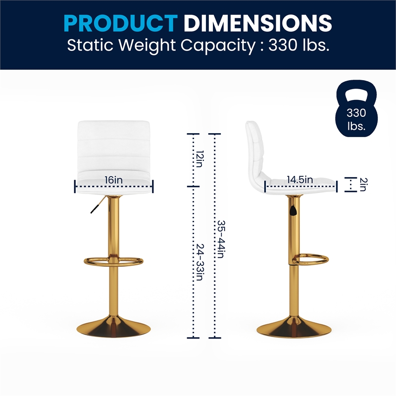 Flash Furniture Adjustable Faux Leather Bar Stool in White and Gold (Set of 2)