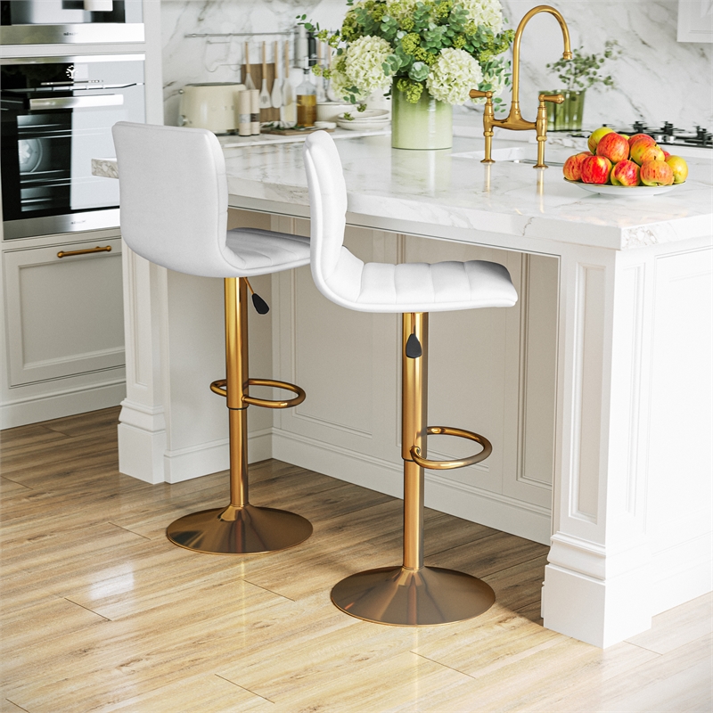 Flash Furniture Adjustable Faux Leather Bar Stool in White and Gold (Set of 2)