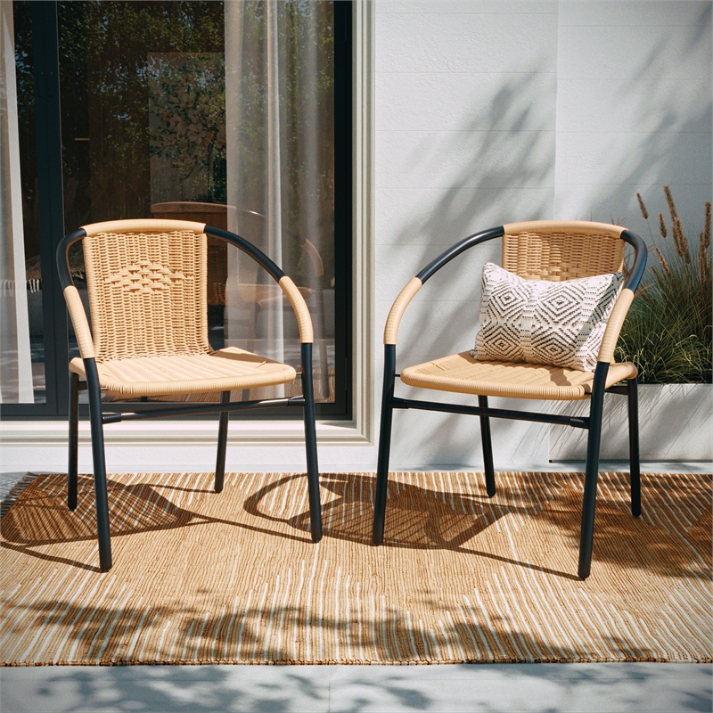 Flash Furniture Rattan Stacking Restaurant Dining Arm Chair in Beige (Set of 2)