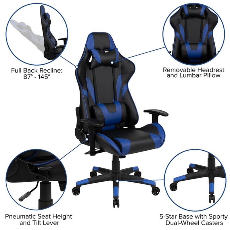 Flash Furniture X20 Leather Racing Reclining Gaming Chair in Black and Blue