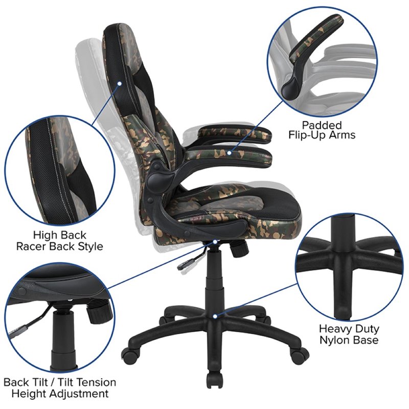 Flash Furniture Gaming Desk and Racing Swivel Chair Set in Black and Camouflage
