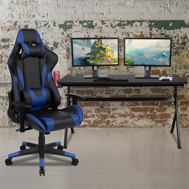 Flash Furniture Gaming Desk and Racing Reclining Chair Set in Black and Blue