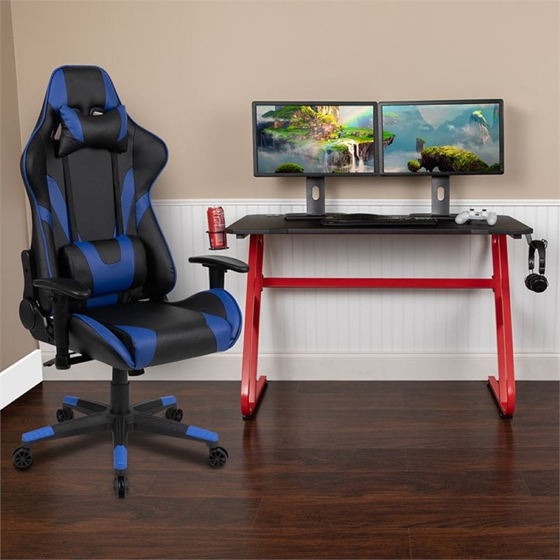 Flash Furniture Gaming Desk and Racing Reclining Chair Set in Red and Blue