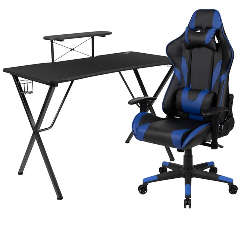 Flash Furniture Gaming Desk and Racing Reclining Chair Set in Black and Blue