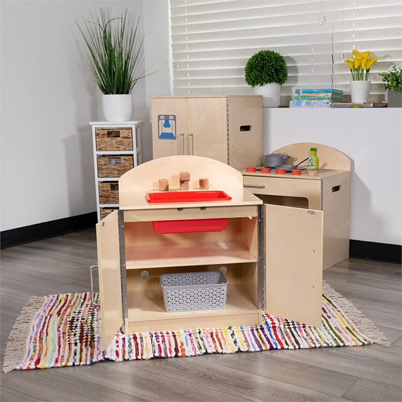 Flash Furniture Classic Wooden Play Kitchen Sink Cabinet in Natural