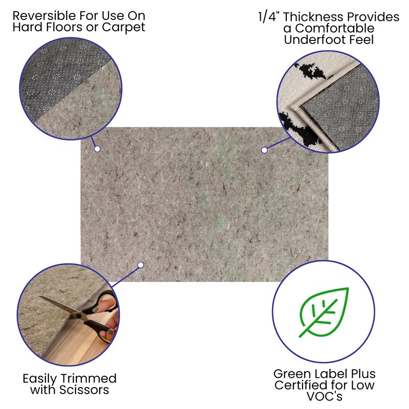 Flash Furniture 5' x 8' Non-Slip Cushion Rug Pad in Gray