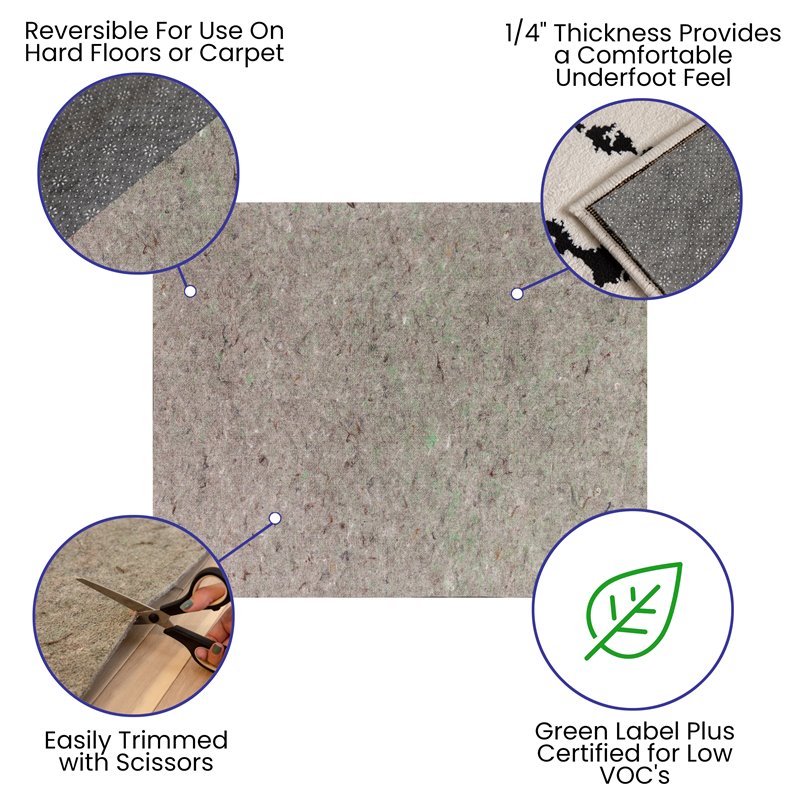 Flash Furniture 8' x 10' Non-Slip Cushion Rug Pad in Gray