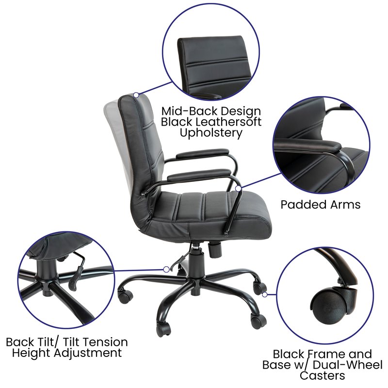 Flash Furniture Leather Mid-Back Office Swivel Chair in Black