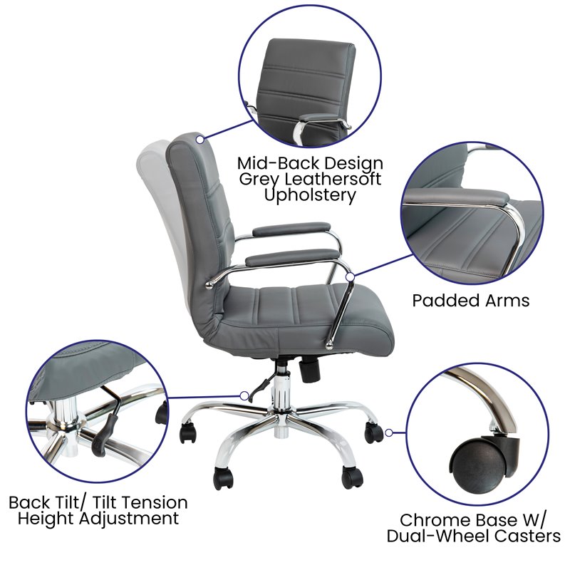 Flash Furniture Leather Mid-Back Office Swivel Chair in Gray
