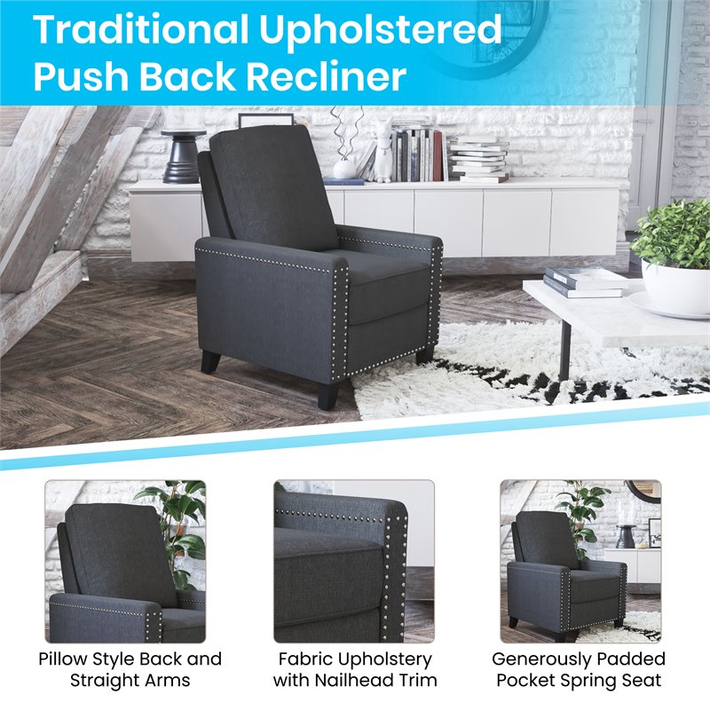 Flash Furniture Carson Fabric Push Back Recliner with Accent Nail Trim in Gray