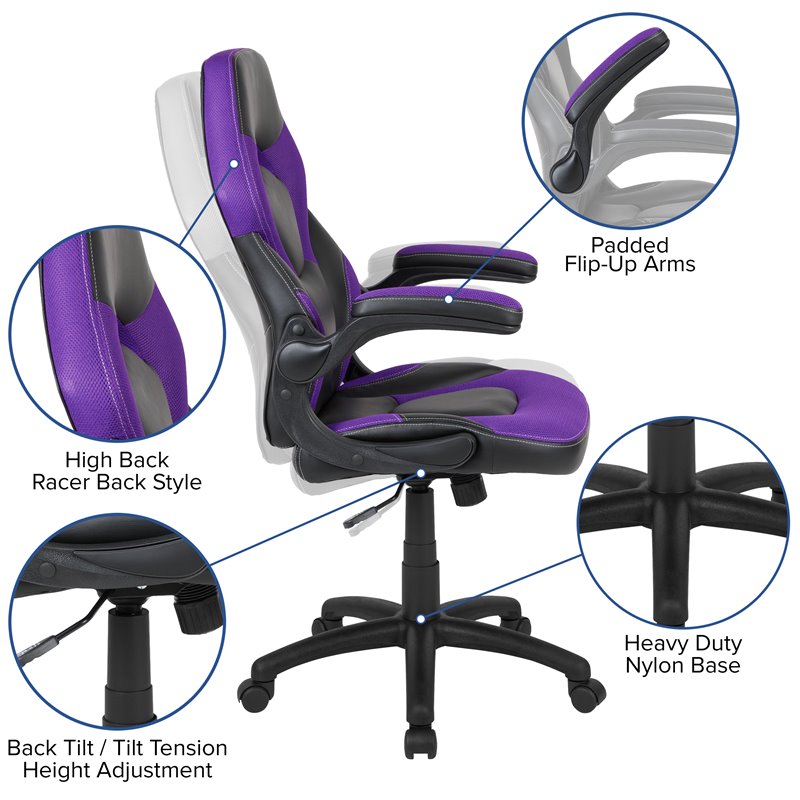 Flash Furniture X10 Plastic Gaming Chair with Flip-Up Arms in Purple/Black