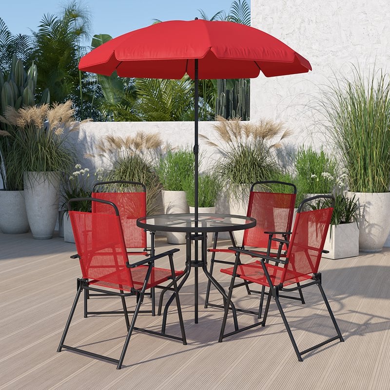 Flash Furniture Nantucket 6PC Plastic Patio Umbrella Table & Chairs Set in Red