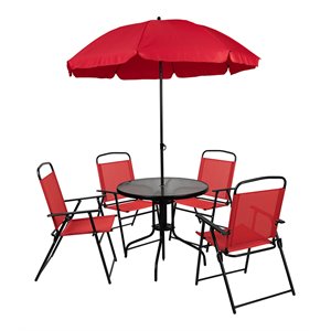 Flash Furniture Nantucket 6PC Plastic Patio Umbrella Table & Chairs Set in Red