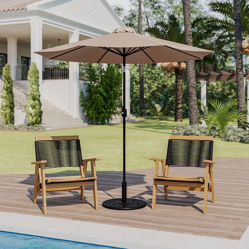 Flash Furniture 9 FT Aluminum Bundled Set Umbrella and Waterproof Base in Tan
