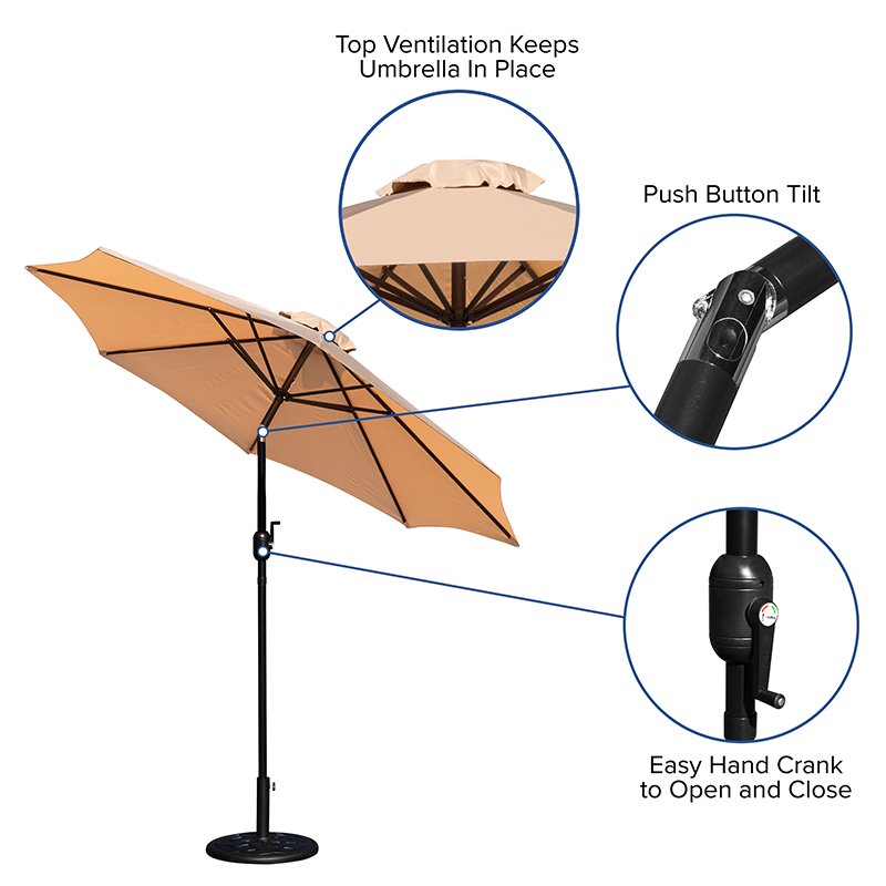 Flash Furniture 9 FT Aluminum Bundled Set Umbrella and Waterproof Base in Tan