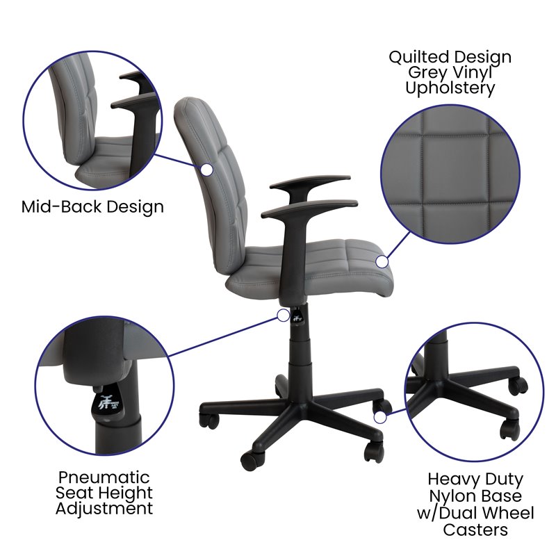 Flash Furniture Mid-Back Quilted Plastic Home Office Chair with Arms in Gray