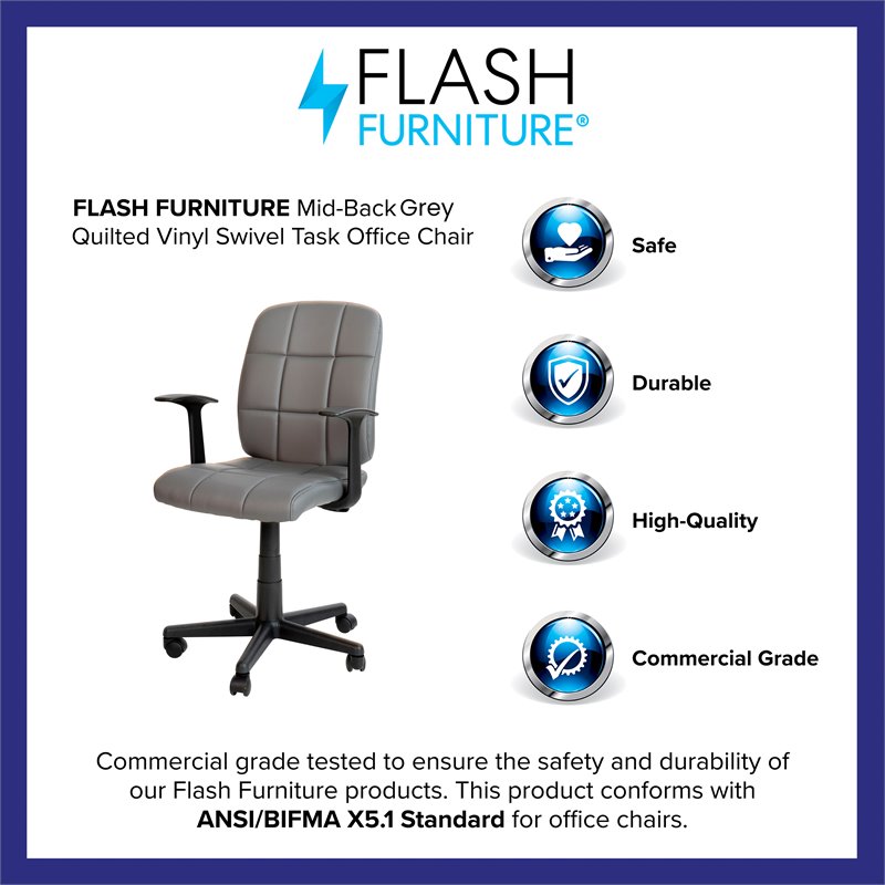 Flash Furniture Mid-Back Quilted Plastic Home Office Chair with Arms in Gray