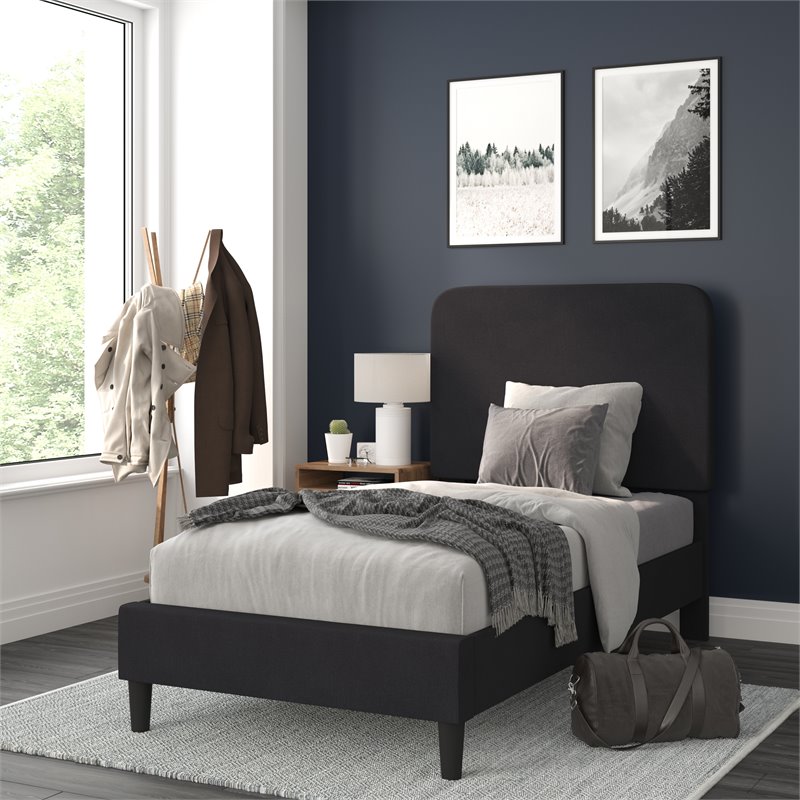 Flash Furniture Addison Fabric Twin Platform Bed with Headboard in Charcoal