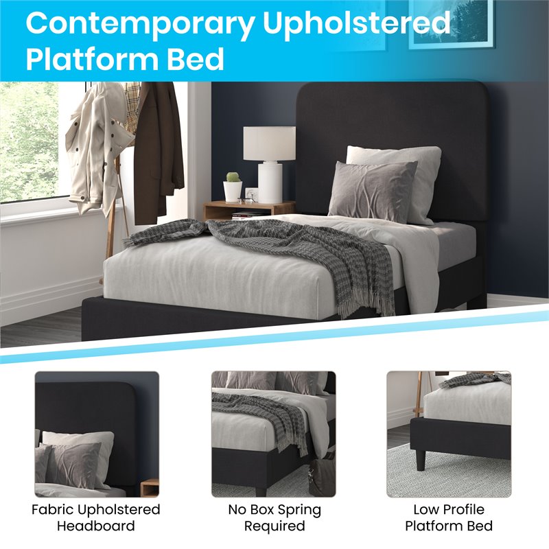 Flash Furniture Addison Fabric Twin Platform Bed with Headboard in Charcoal