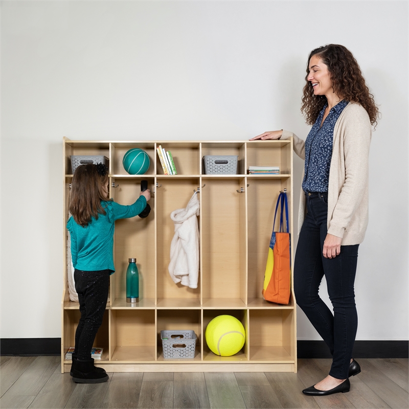 Flash Furniture 5 Section Wood School Coat Locker with Bench in Natural