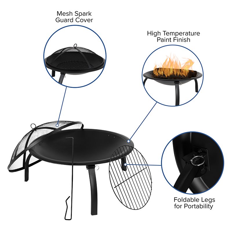 Flash Furniture Foldable Iron Metal Outdoor Burning Portable Firepit in Black