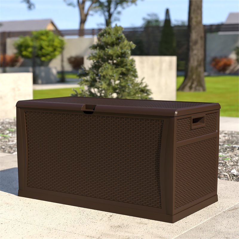 Flash Furniture 120 Gallon Plastic Deck Box for Outdoor Patio Storage in Brown