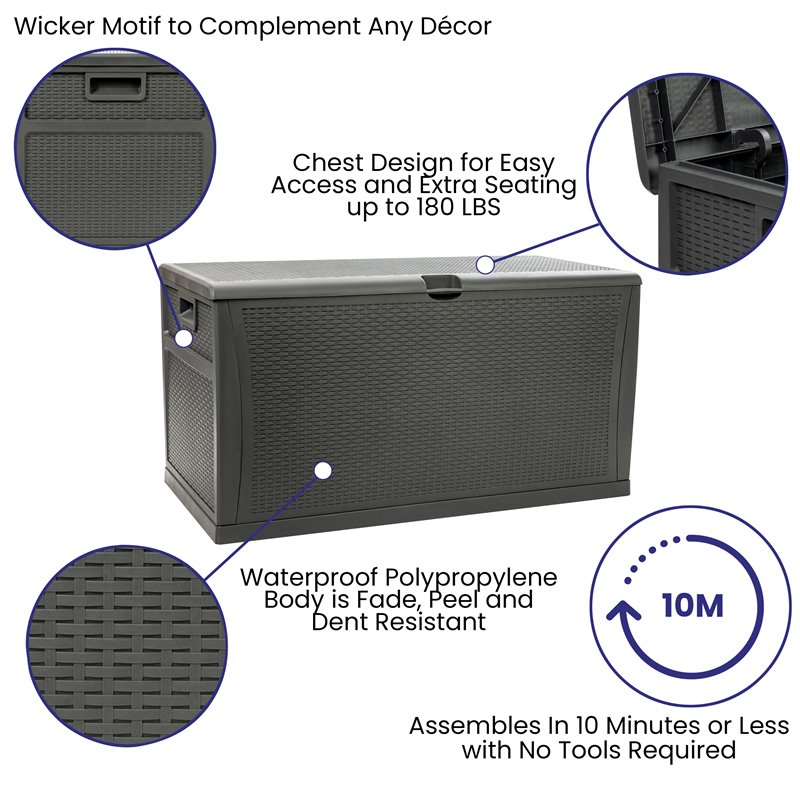Flash Furniture 120 Gallon Plastic Deck Box for Outdoor Patio Storage in Gray