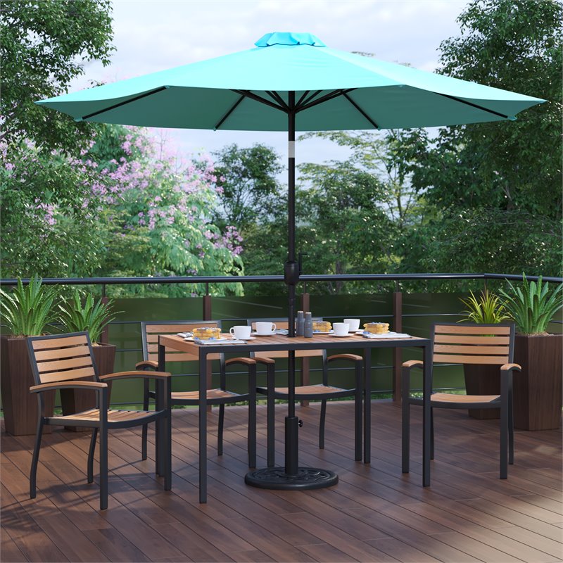 Flash Furniture 7PC Aluminum Patio Dining Set with Umbrella and Base in Blue
