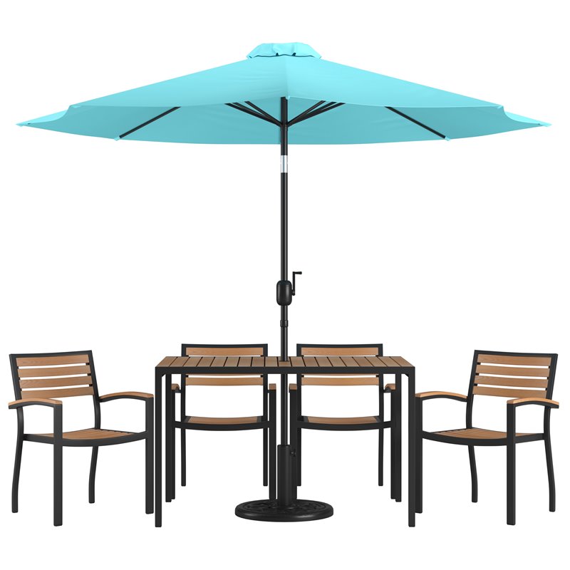 Flash Furniture 7PC Aluminum Patio Dining Set with Umbrella and Base in Blue