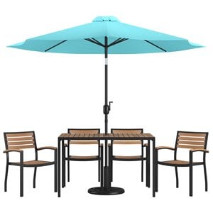 Flash Furniture 7PC Aluminum Patio Dining Set with Umbrella and Base in Blue