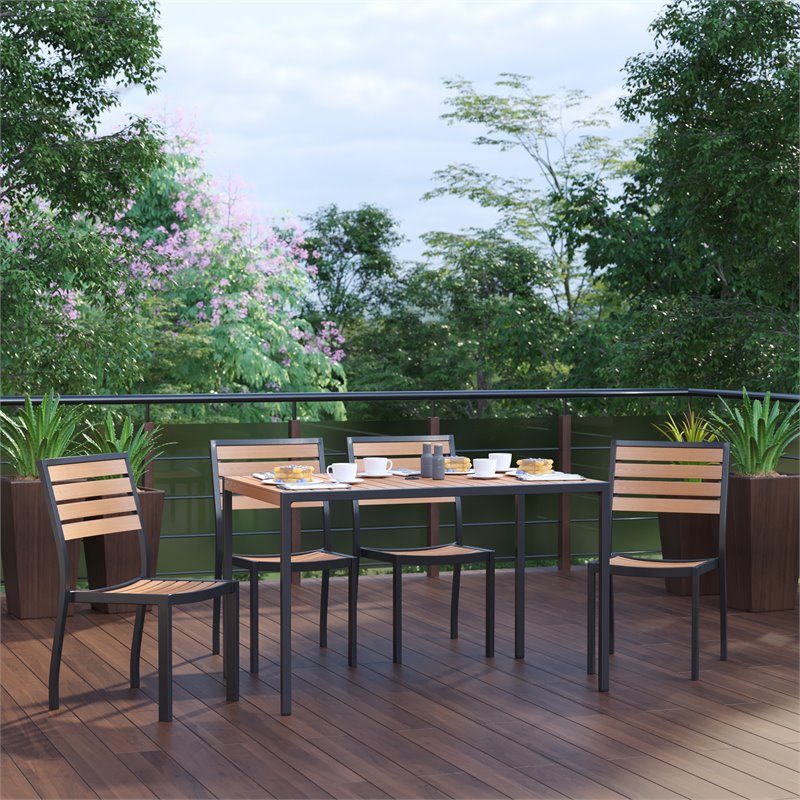 Flash Furniture 5 Piece Metal Patio Table with 4 Chairs Set in Teak Brown/Black