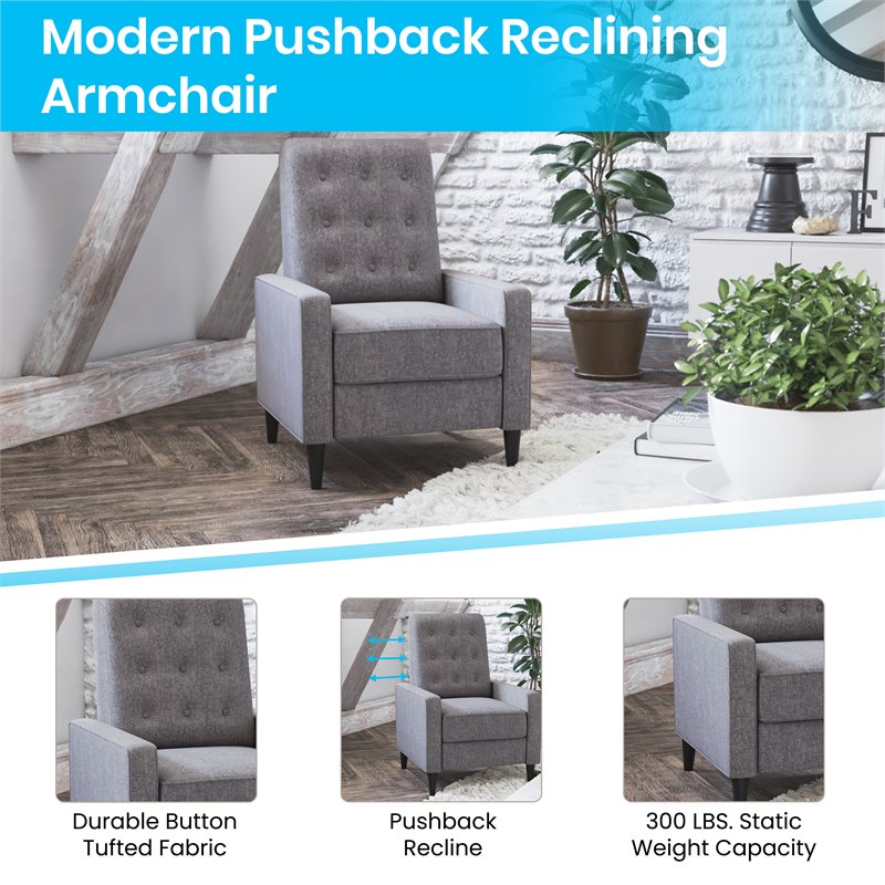 Flash Furniture Upholstery Fabric Pushback Recliner w/Button Tufted Back in Gray