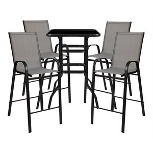 Flash Furniture 5PC Glass and Fabric Patio Bar Table and Barstools Set in Gray