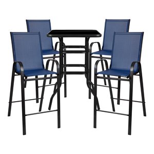Flash Furniture 5PC Glass and Fabric Patio Bar Table and Barstools Set in Navy