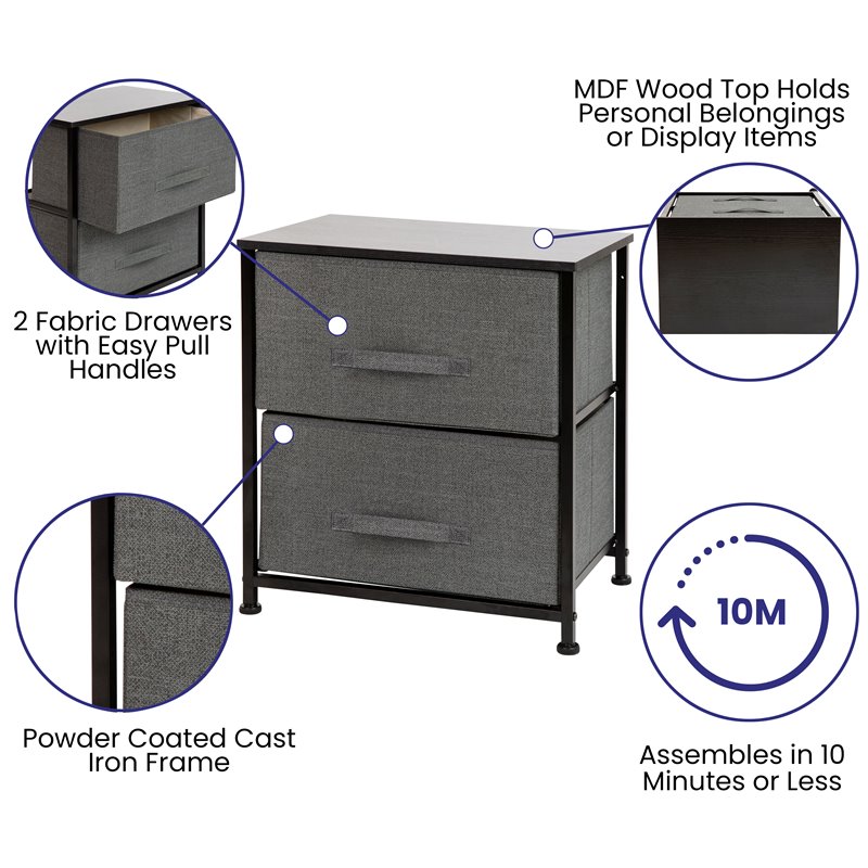 Flash Furniture 2 Drawer Fabric and Cast Iron Storage Stand in Black/Gray