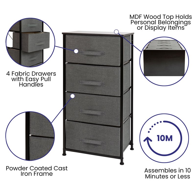 Flash Furniture 4 Drawer Cast Iron Vertical Storage Dresser in Black/Gray