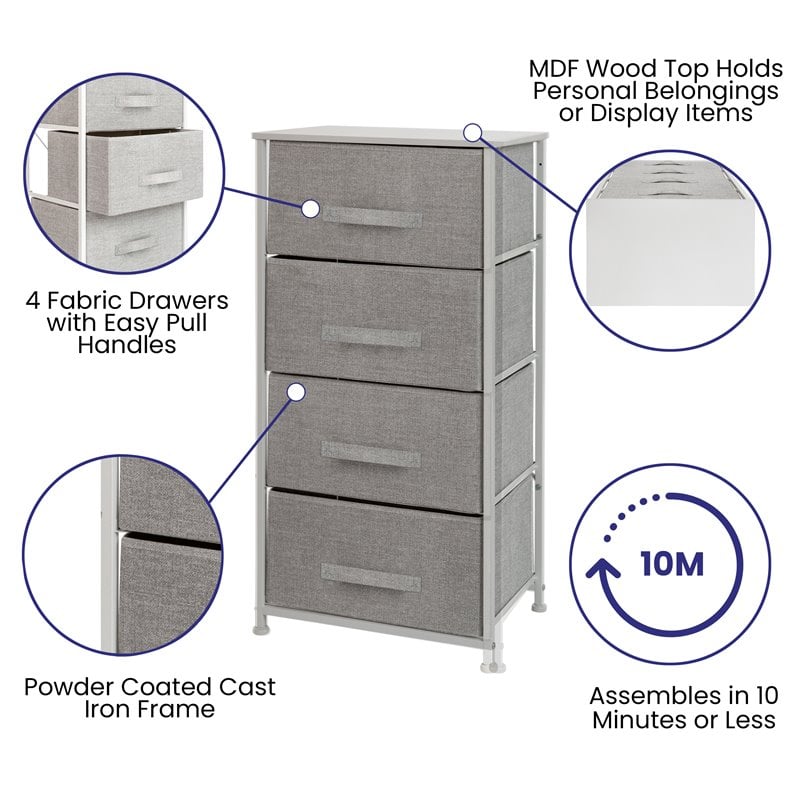 Flash Furniture 4 Drawer Cast Iron Vertical Storage Dresser in White/Gray