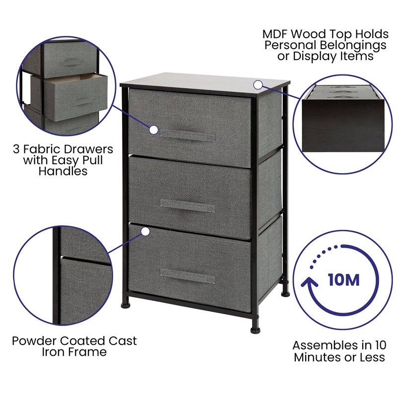 Flash Furniture 3 Drawer Fabric & Cast Iron Vertical Storage Dresser in Black