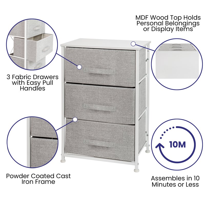 Flash Furniture 3 Drawer Fabric & Cast Iron Vertical Storage Dresser in White